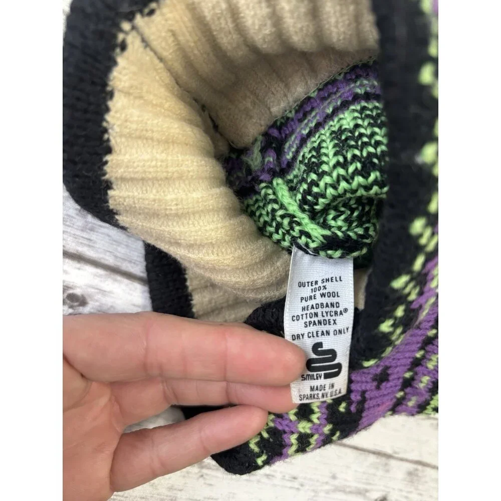 Vintage‎ Smiley Wool Knit  Hat Made in USA Geo Geometric Print Green Purple